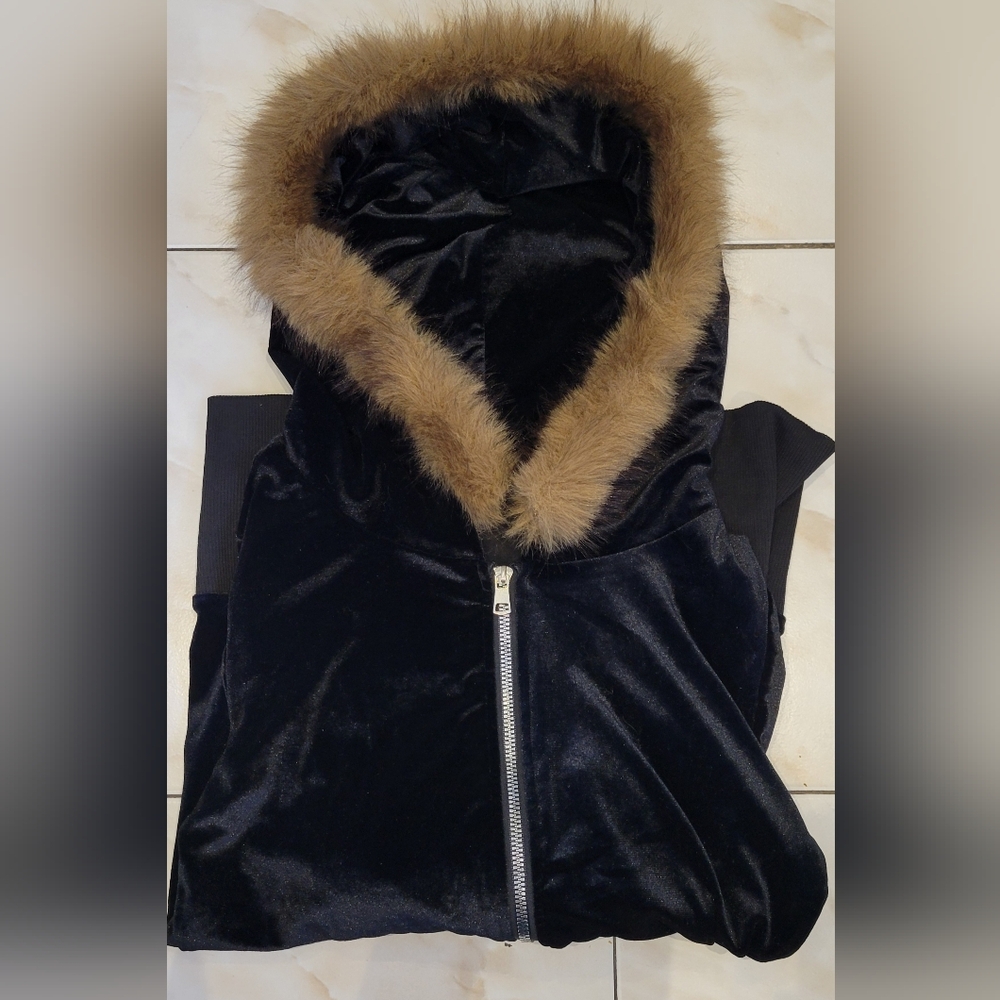 Black Velvet Hooded Vest with Brown Faux-Fur Trim